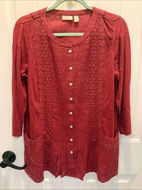 Logo Lavish Women's Beautiful Red Crochet-Trim Button Front Blouse (S)